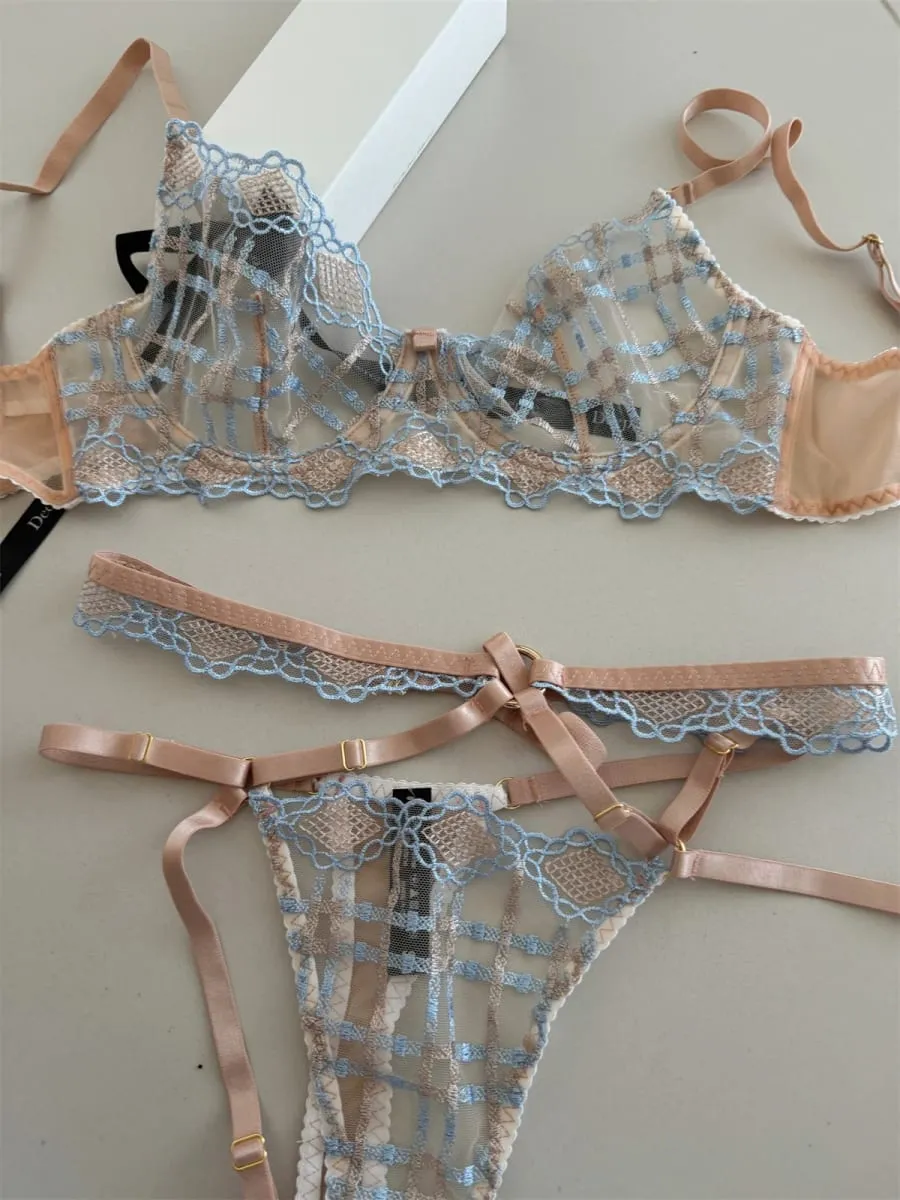Charming lace lingerie silk thin sexy thin steel ring top support gathered bra set women push up bras thongs suit