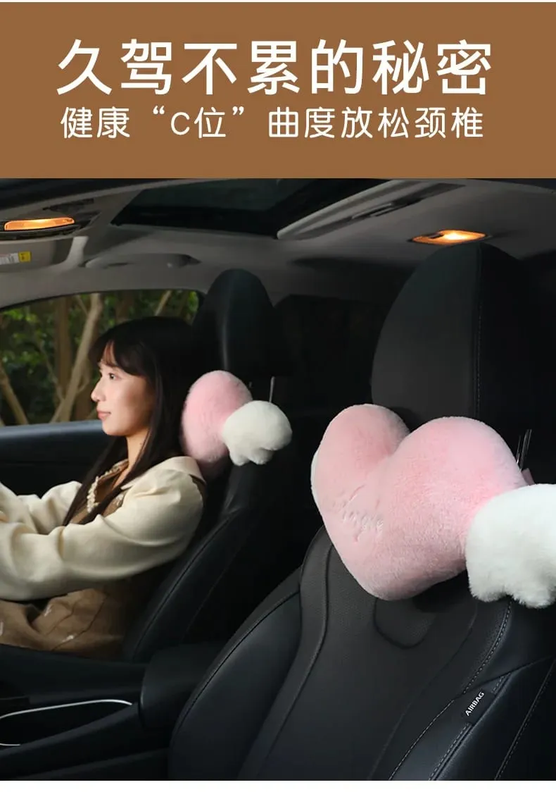 28x58cm 2Pcs Cute Heart‑Shaped Car Headrest Pillow With Angel Wings Soft Plush Auto Neck Support Cushion Car Seat Head Pillow — image 9