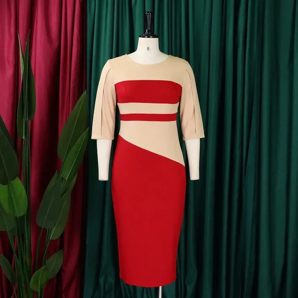 Women Dress for Work Elegant Office O Neck Three Quarter Sleeve Patchwork Sheath Package Hips Mid Calf Professional Business Hot