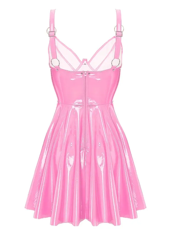 Womens Patent Leather Slip Latex Dress A-line Back Zipper Skater Mini Dress with O-Ring Rivets Wet Look Gothic Punk Clubwear