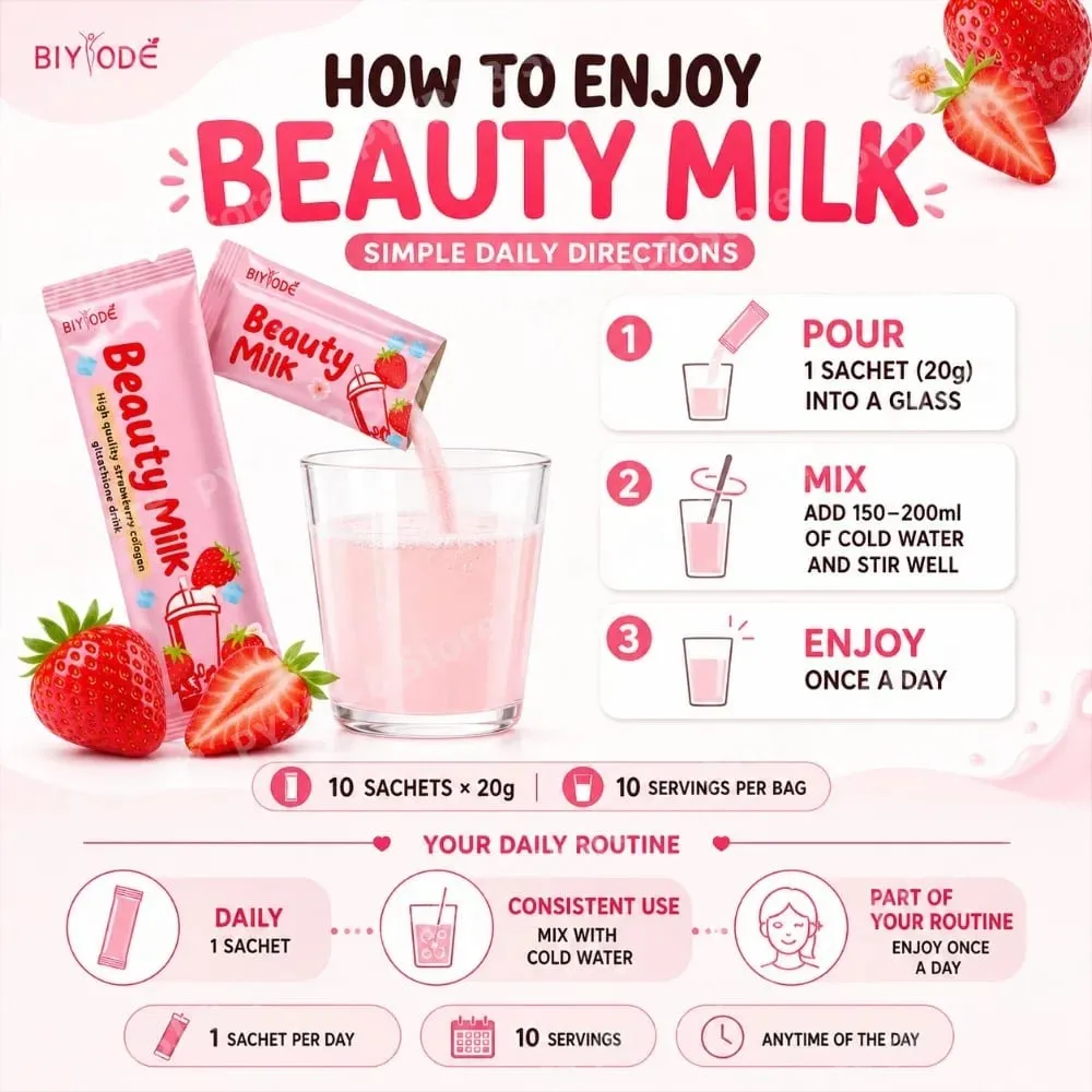 Strawberry Collagen Glutathione Drink Mix with Apple Extract for Skin Glow Support 10 Powder Sachets x 20g Net 200g
