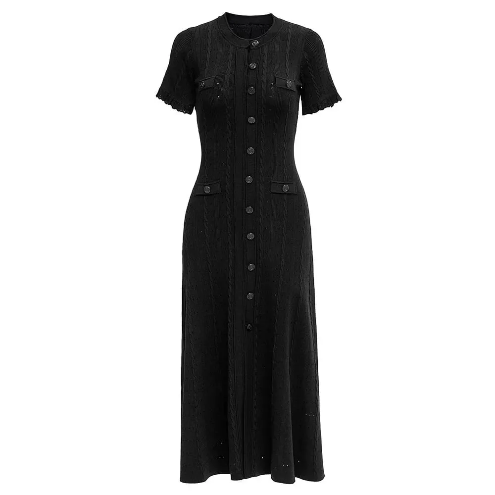 Pakaian Panjang Berkait Gaya Perancis Leher bulat Berongga keluar Skirt Tepi Kayu Elegan Musim Gugur Mewah Wanita Fesyen Pakaian One Piece