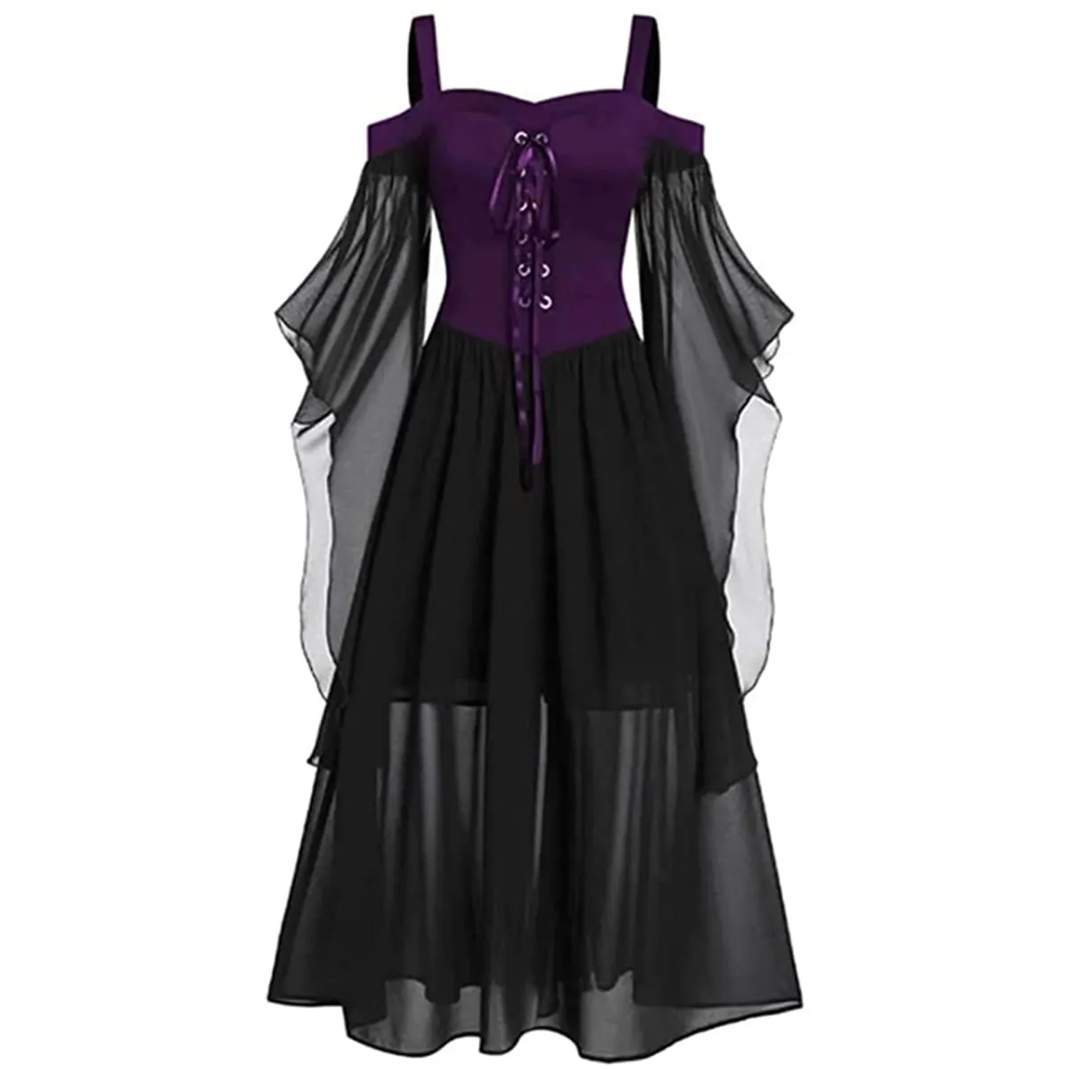 Women Vintage Gothic Off Shoulder Lace-up Medieval Dress Halloween Witch Cosplay Costumes Carnival Party Suspender Straps Dress