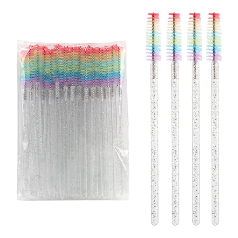 50pcs Disposable Crystal Eyelash Brush Lash Extension Makeup Brushes Mascara Wand Applicator Eyebrow Comb Rainbow Microbrush