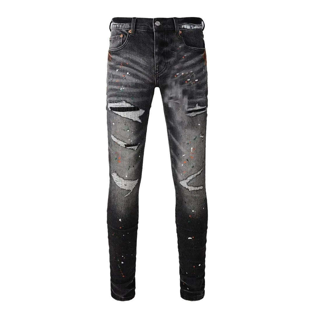 High Street Men's Jeans American Distressed Dark Black Coated Blank Stretch Skinny Button Fly Ripped Pants Trousers — image 16