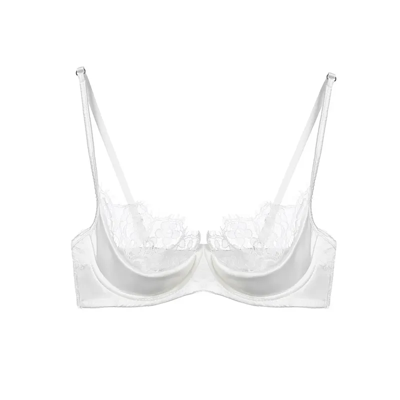 ผู้หญิงชุดชั้นในครึ่งถ้วยชุดลูกไม้ฝรั่งเศสสีเขียว Ultra Thin SHEER นุ่มสบาย Underwire Bra หน้าอกขนาดเล็ก 32-38AB ขนาด