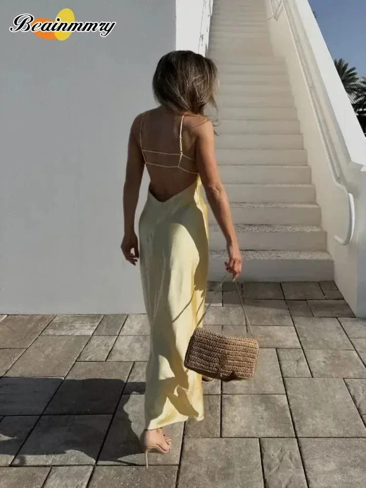 Żółta satynowa dekolt w szpic śpiewać długie sukienki moda damska Backless bez rękawów Maxi szaty moda kobiece suknie wieczorowe do klubu na imprezę — image 7