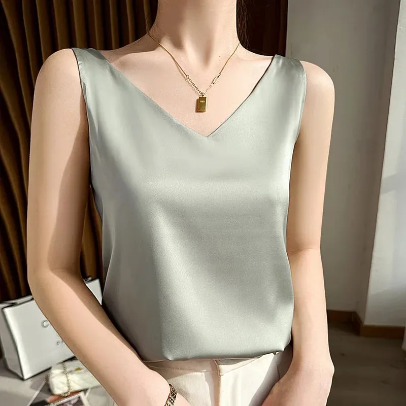 Silk Satin Women Double Shoulder Camisole Tank Top V-neck Sleeveless Top T-shirt Elegant Crop Top Solid Casual Basic 2025 Summer — image 15