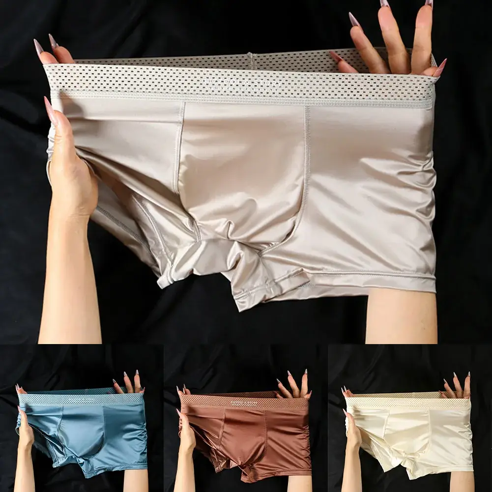 1pc Men Satin-like Ice Silk Boxers Smooth Panties Hollow Out Waistband Underpants Breathable Solid Color Underwear Trunk — image 14