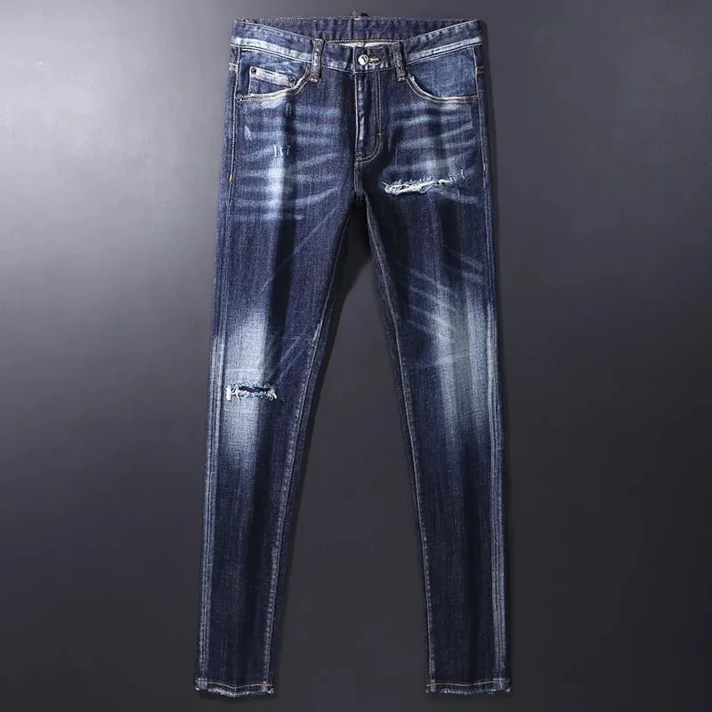 High Street Retro Blue Elastic Split Style Jeans for Men Hip-Hop Designer Embroidery Brand Tight Fit Casual Pants