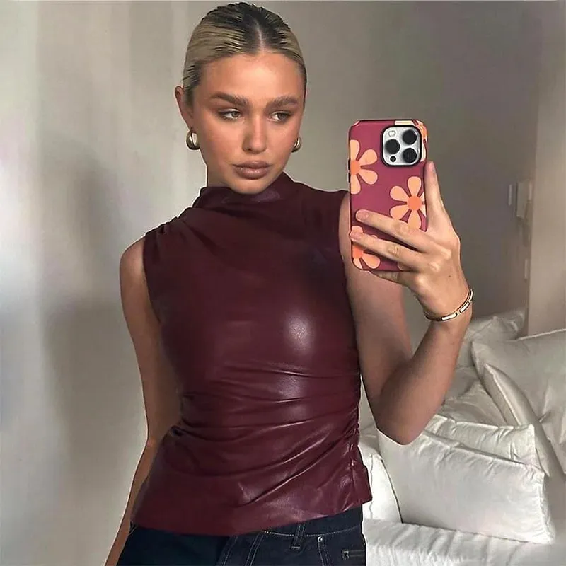 Women Y2K Vintage Pu Simple Basic Tank Top High Waist Skinny Shrunk Slash Cut Sleeveless Tops Versatile Noble Shirts — image 4