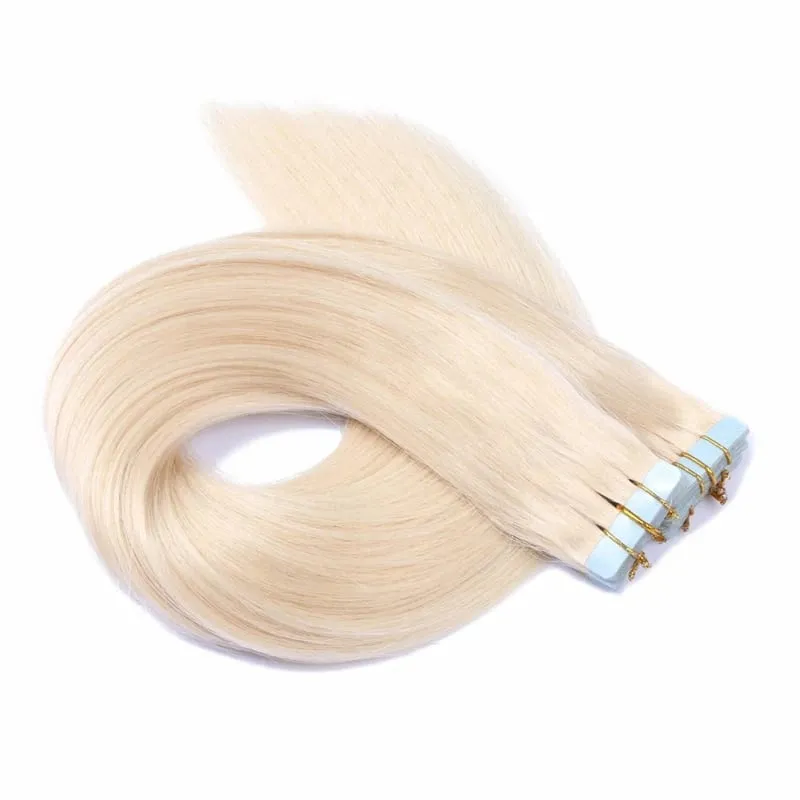 Straight Tape In Hair Extensions 24 26 28 30'' Invisible Skin Weft PU Remy Human Hair Adhesive Natural Blonde Hairpiece