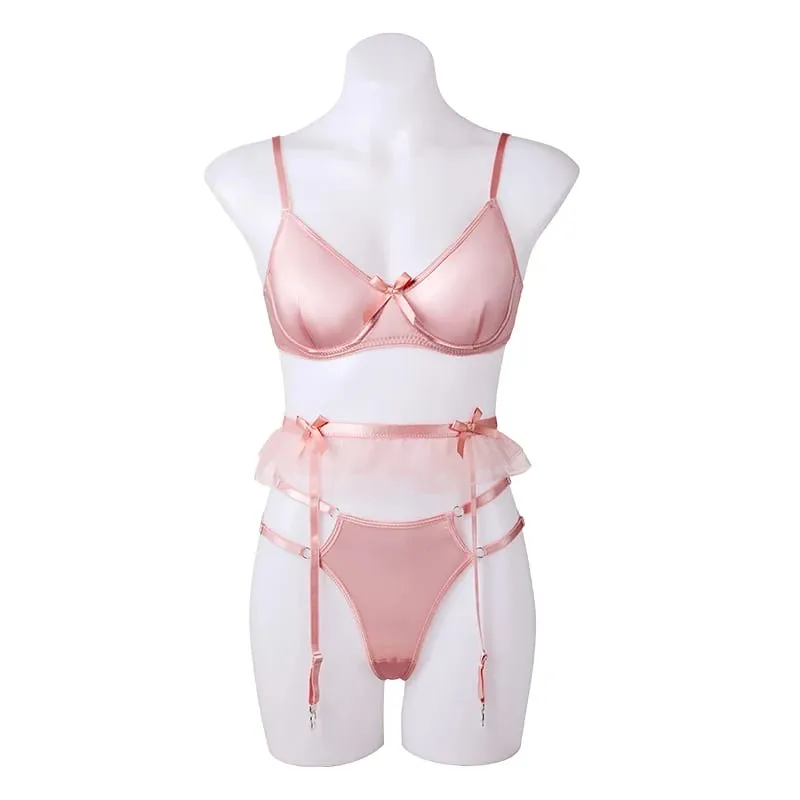 French sexy three piece lingerie set for girls exquisite bow breathable oversized comfortable pants and bra for women