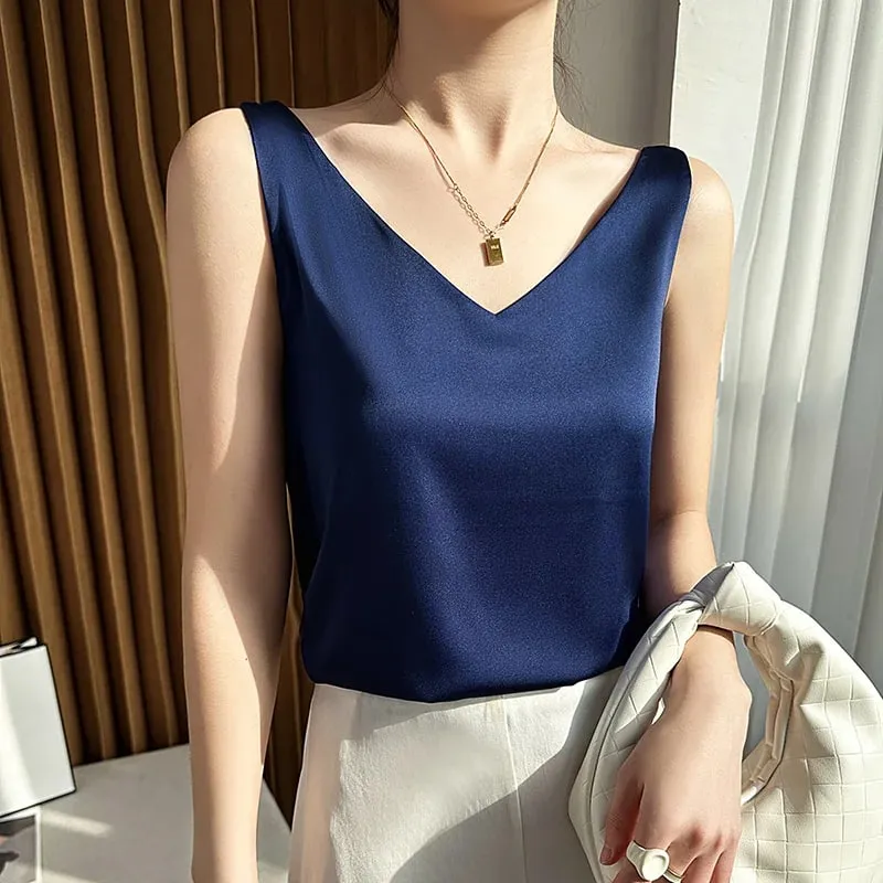 Silk Satin Women Double Shoulder Camisole Tank Top V-neck Sleeveless Top T-shirt Elegant Crop Top Solid Casual Basic 2025 Summer — image 6