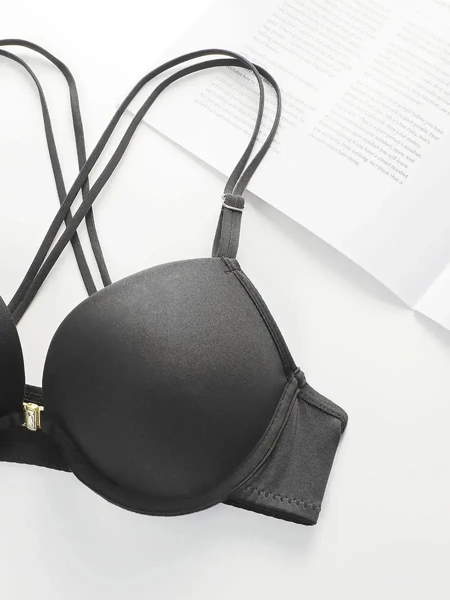 Women's Front Button Back Cross Strap Bra Set Gathering Push Ups Solid Color Lace Sexy Daily Comfort Casual Underwear Set A2159 — image 4