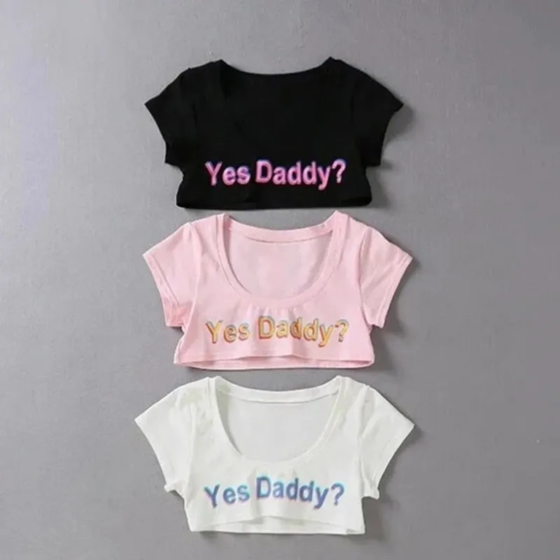 Women Letter Print Short Sleeve Yes Daddy Short Top Sleeve Crop Running T Shirt — image 3
