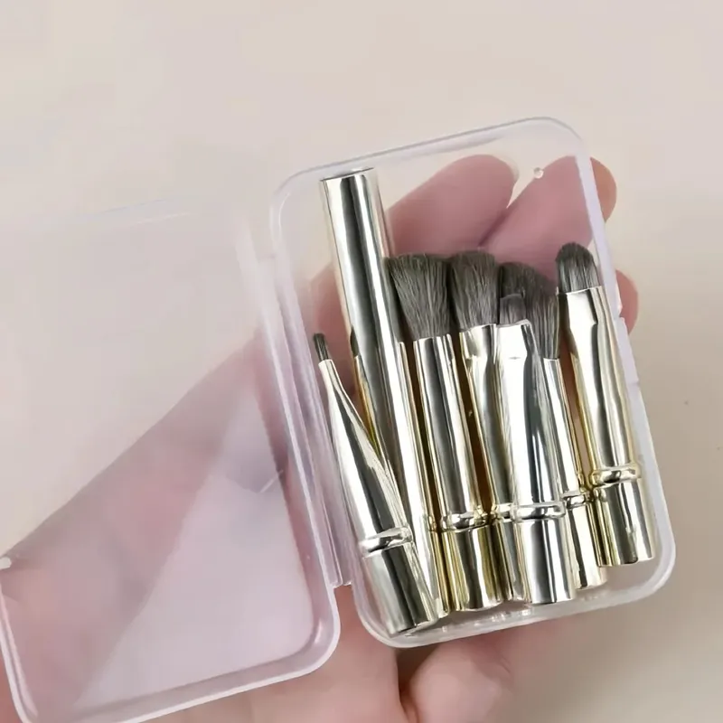 6 stk mini rejse makeup børstesæt med aftageligt aluminiumsrør bærbar øjenskyggebørste og opbevaringsboks — image 9