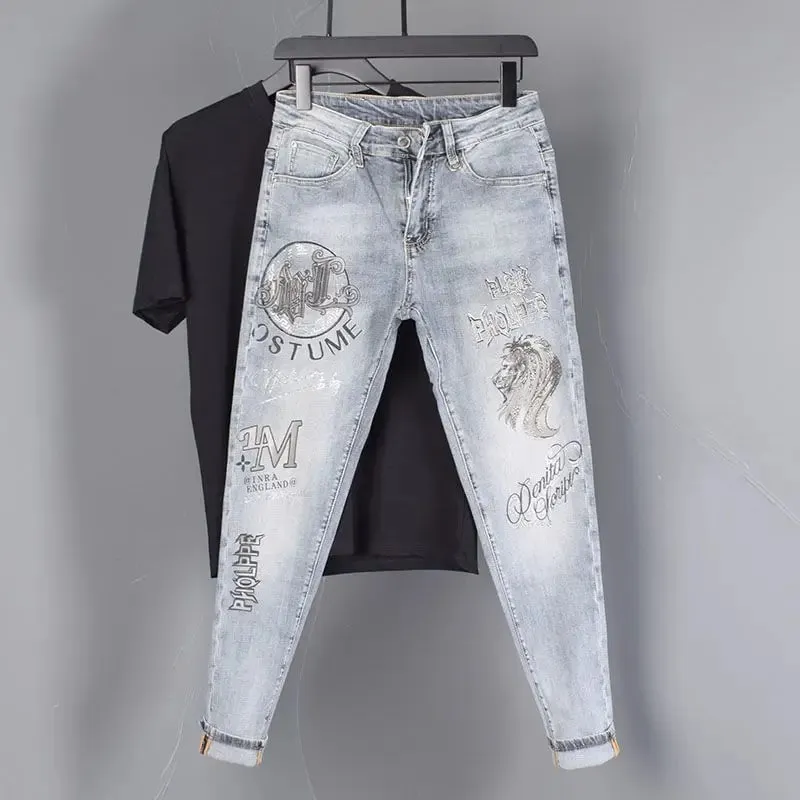 New Slim Fit Casual Jeans with Heavy Duty Ironing Drills Prints Branded Korean Style Clothes for Men Streetwear Washed Jeans — image 6