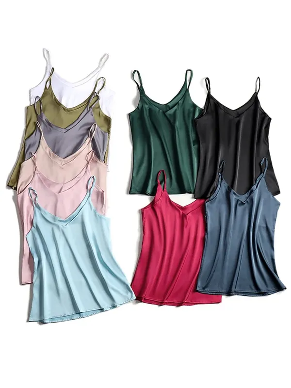 Spaghetti Strap Top Women Halter V Neck Basic White Cami Sleeveless Satin Silk Tank Tops Women'S Summer 2026 Camisole — image 3