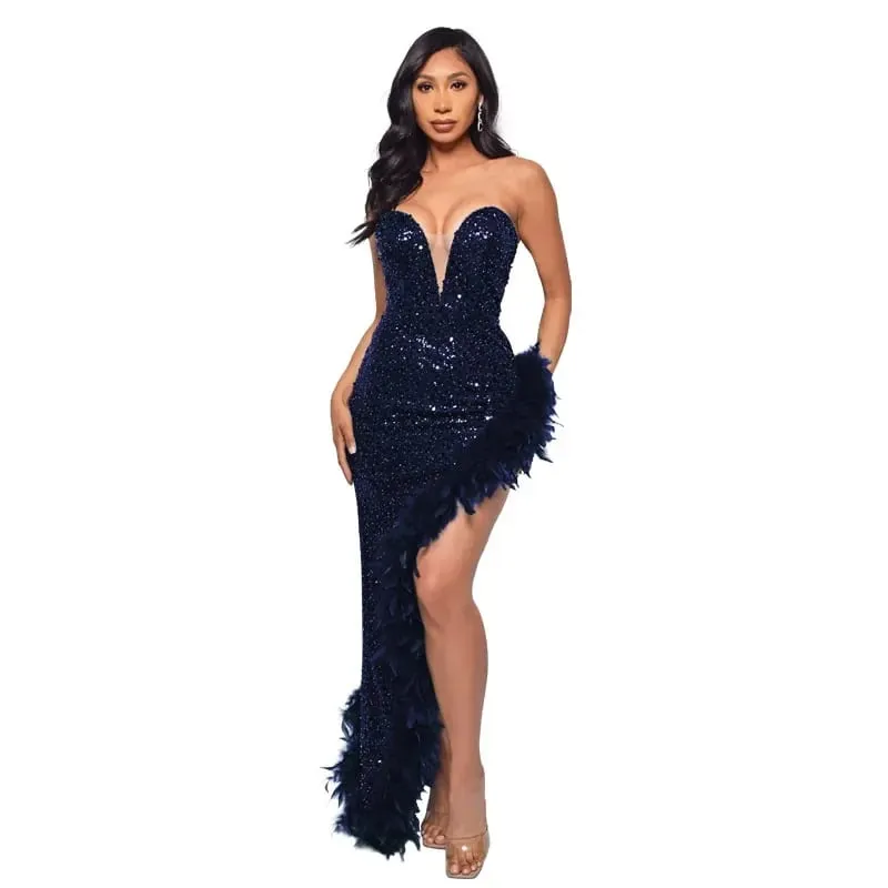 CM.YAYA Women Sequined Strapless Feather High Side Split Strapless Bodycon Midi Maxi Dress Sexy Club Even Party Dresses Vestidos