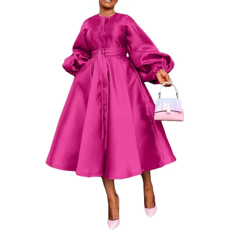 Satin Puff Sleeve Evening Dress for Women Pleated A-Line Round Neck Elegant Party Club Casual Solid Midi Dress with Belt 2025 — image 10