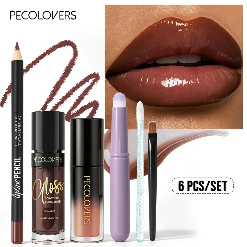 6PCS/SET Lip Makeup Set Smooth Lip Liner Glass Shine Lip Gloss & Lip Brushes Long Wear Hydrating Lip Makeup for Beginners — image 6