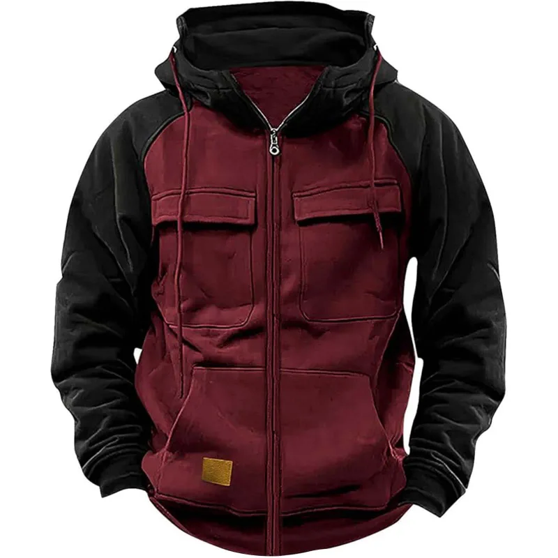 Autumn Winter Hoodies Men Zipper Patchwork Warm Fleece Sweatshirts Multi Pockets Male Fashion Hooded Jacket Thick Outdoor Hoodie — image 4