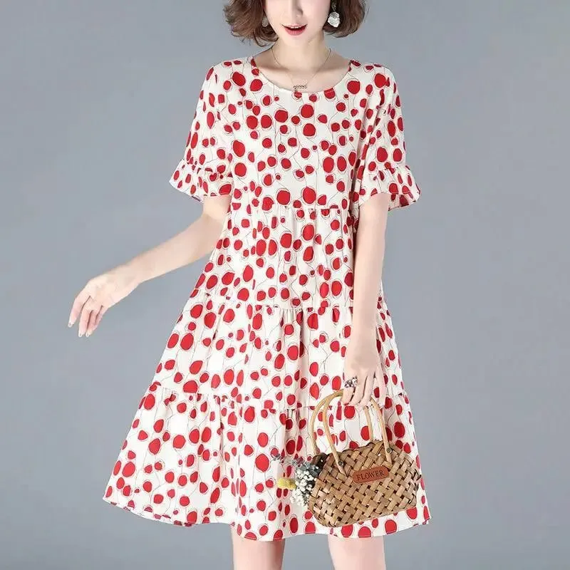 Female Clothing Casual Dot Printed A-Line Dresses Summer Butterfly Sleeve Korean Round Neck All-match Loose Spliced Midi Dress — image 5