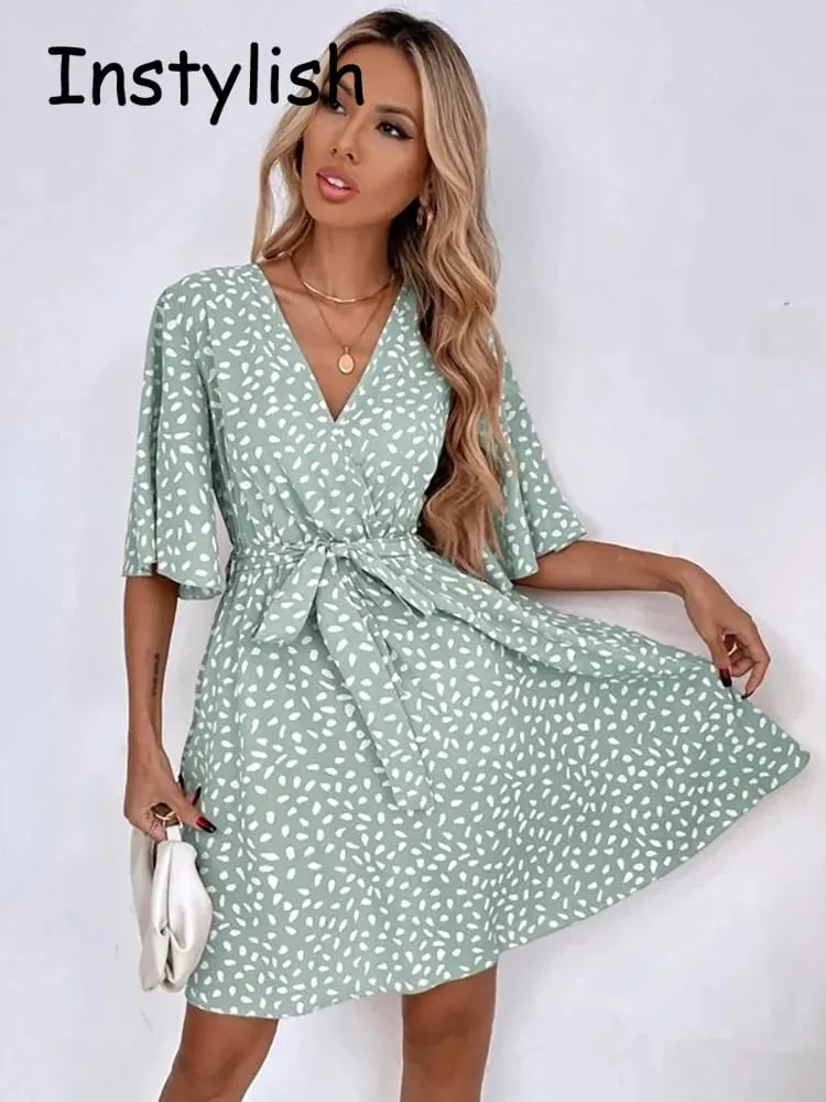 Casual Dot Print Mini Dress with Belt Elegant Chic Half Sleeve V Neck A Line Sundress Vintage Harajuku Short Dress Beach Party — image 3