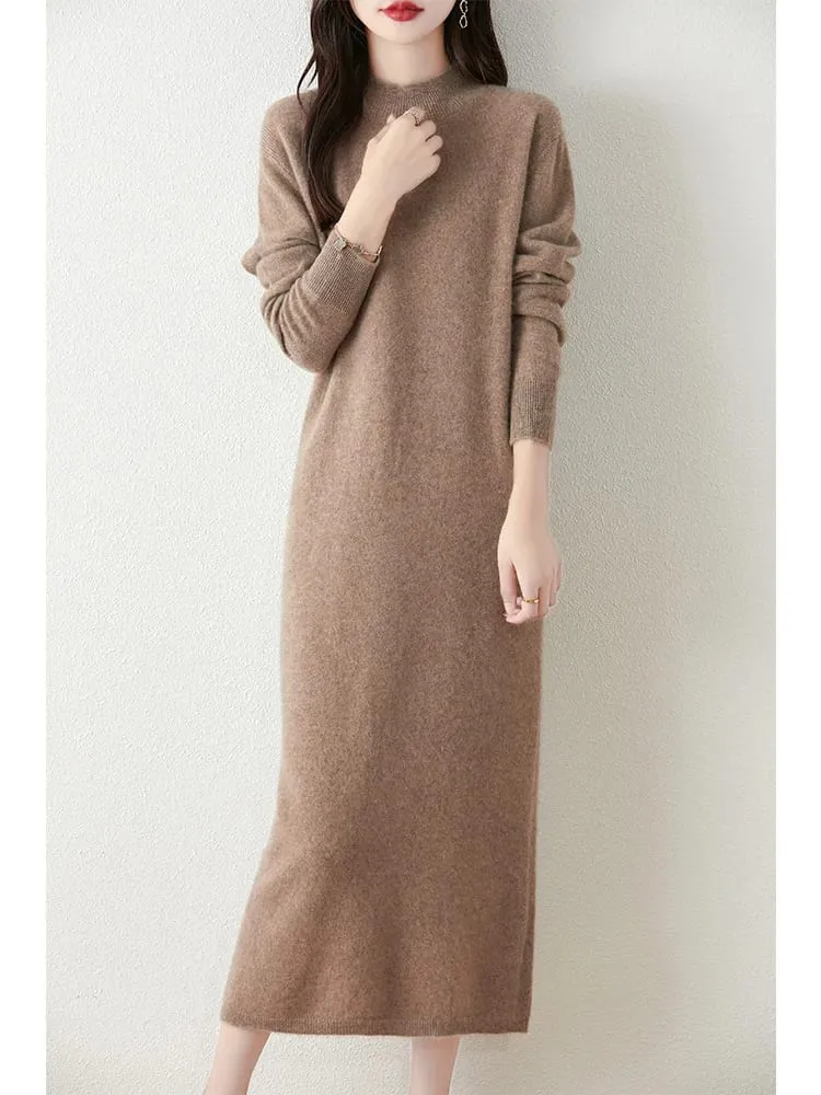 Autumn Winter Women's Wool Long Dress Cashmere Mock Neck Pullover Sweater 100% Merino Wool Soft Knitwear OL Simple Basic Dress — image 4