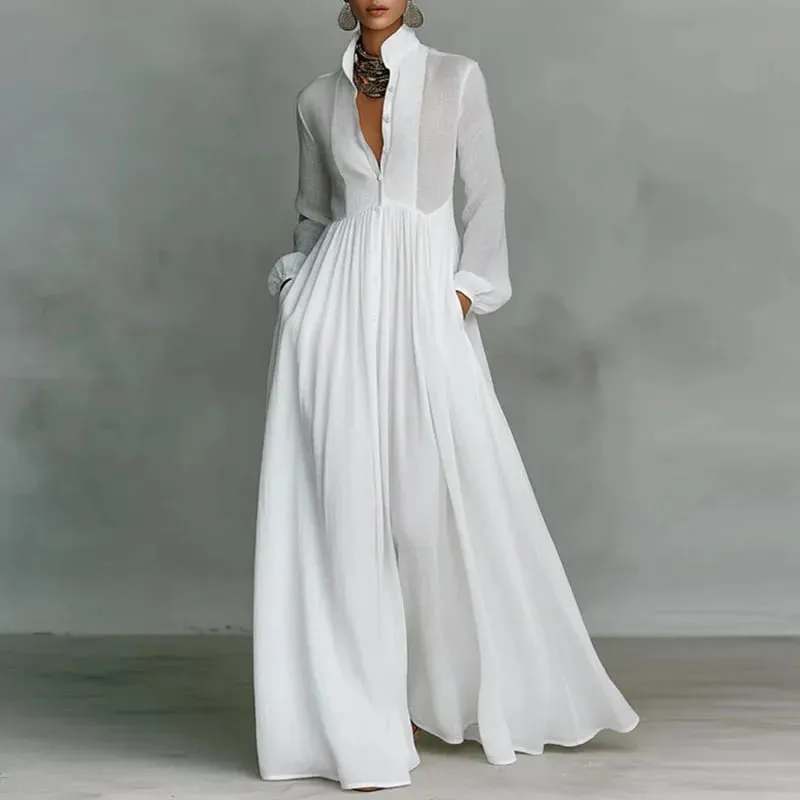 Robe longue française élégante, taille haute, balançoire, poches solides, plissée, Maxi, manches longues, boutons, robe de soirée, printemps, automne — image 7