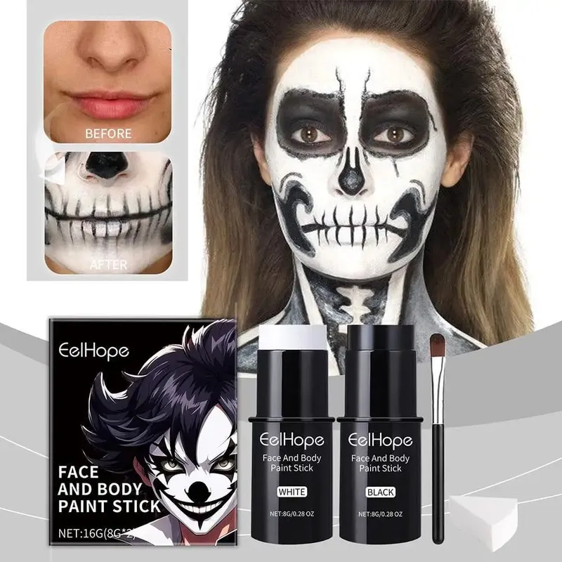 Halloween Black White Face Body Paint Kit Full Coverage Lighweight Foundation Clown Joker Makeup Festive Makeup Accessories Set — image 2