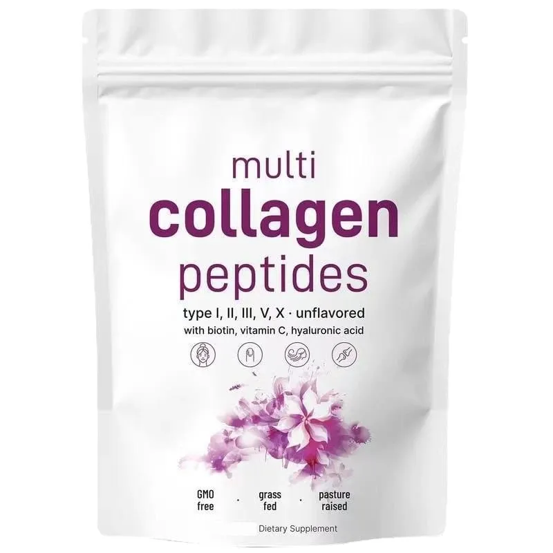 Péptidos múltiples de colágeno en polvo tipos I II III V con biotina, vitamina C y ácido hialurónico que soporta la piel, el cabello y las uñas para hombres y mujeres