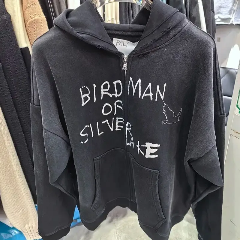 Nieuwe Oversize PALY Hoodies Heren Vrouw Gewassen Zwart Beschadigd Beste kwaliteit Casual Vintage Vest Zip Sweatshirts
