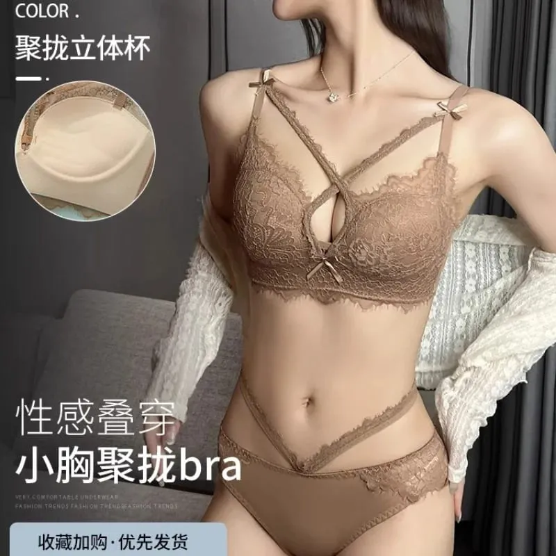 Japanese Kawaii Lace Bralette Set - Crisscross Straps Push-Up for Small Bust Wire-Free Cutout Bra Enhancer & Sexy Gather Effect — image 12