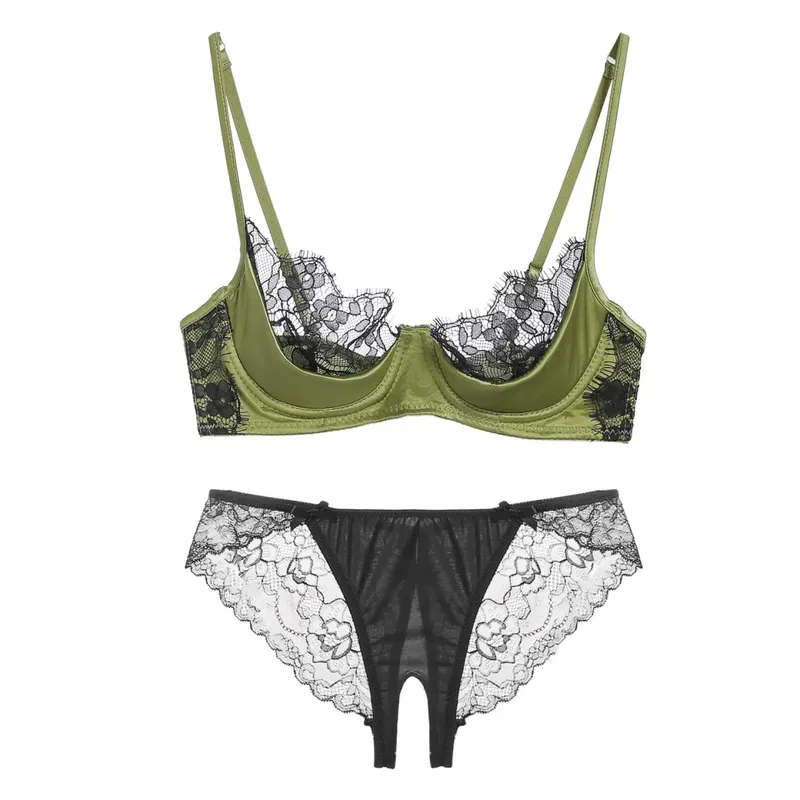 ผู้หญิงชุดชั้นในครึ่งถ้วยชุดลูกไม้ฝรั่งเศสสีเขียว Ultra Thin SHEER นุ่มสบาย Underwire Bra หน้าอกขนาดเล็ก 32-38AB ขนาด