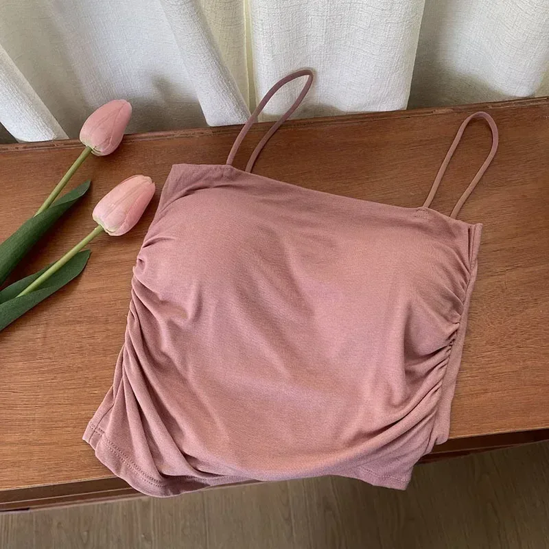 Solid All-Match Pleat Sling Vest Strap Chest Pad Inner Wear Slim Fit Slimming Short Gyaru Outer Wear Top — image 9