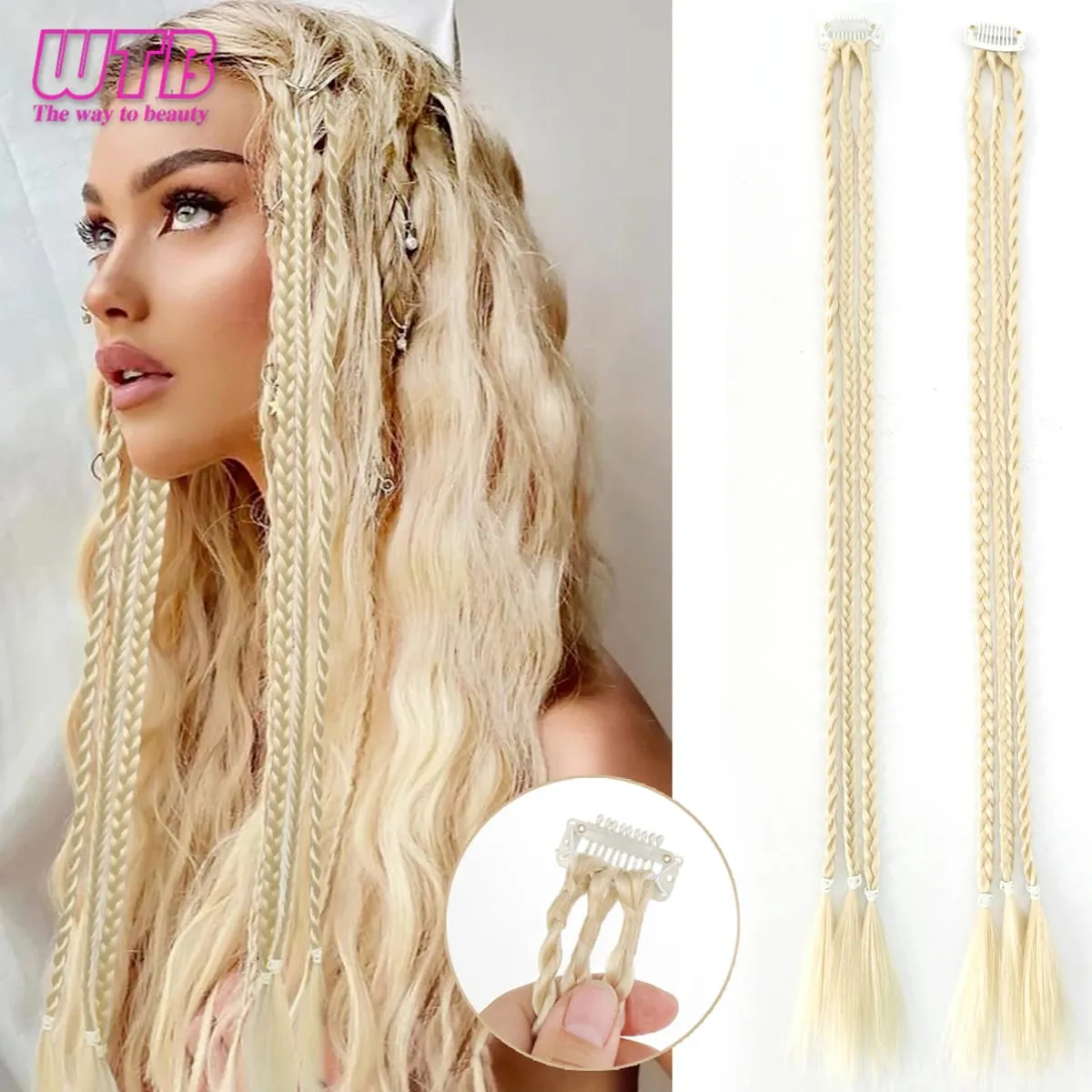 1 Piece/pack 22 Inch Clip On 3 Braid One Piece Synthetic Fiber Hair Extension Women Daily Party Wear Clip Extension Blonde Hairp — image 12