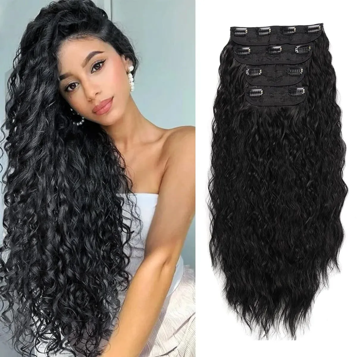 Clip in Synthetic Hair Extensions Long Wavy 4PCS Thick Hairpieces Dark Brown Fiber Double Weft Natural Hair Extensions For Women — image 13