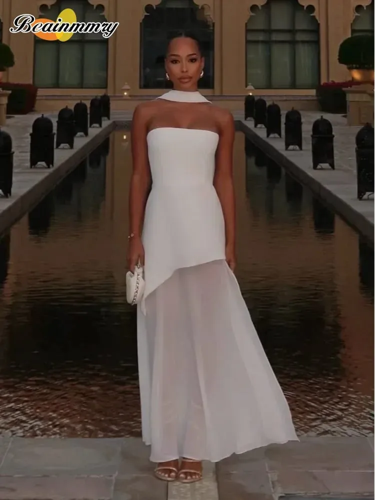 Elegant White Mesh Splicing Slim Women Strapless Dress Chic Scarf Neck Off Shoulder High Waist Long Dresses Lady Party Robes — image 5