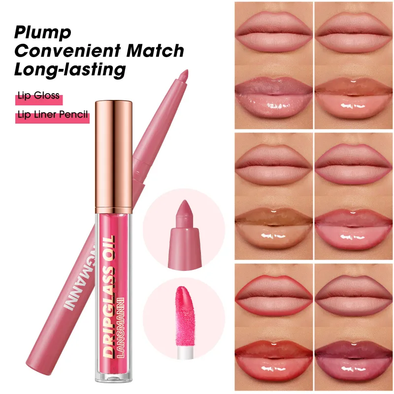 2pcs/box Matte Velvet Lipliner&Mirror Glass Lip Gloss Waterproof Long-Lasting Non-Sticky Purple Brown Liner Lip Combo Makeup Set