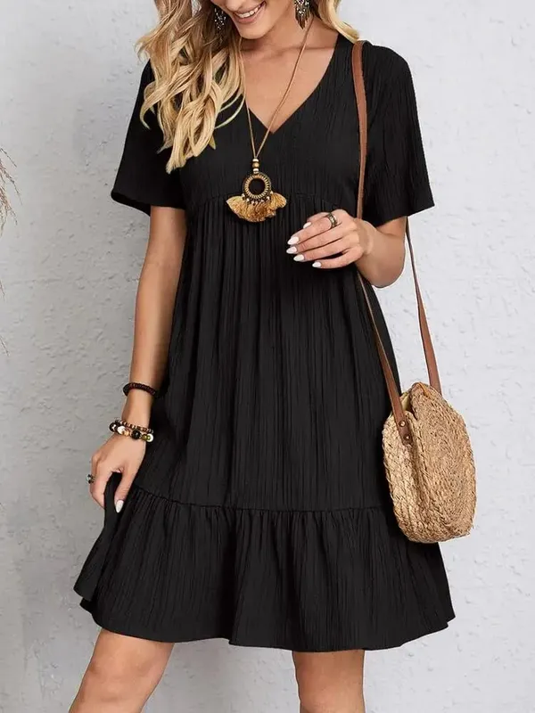Elegant Solid V Neck A Line Dress 2024 New Summer Ruffles Loose Mini Dress Casual Short Sleeve Beach Party Vestidos Streetwear — image 7