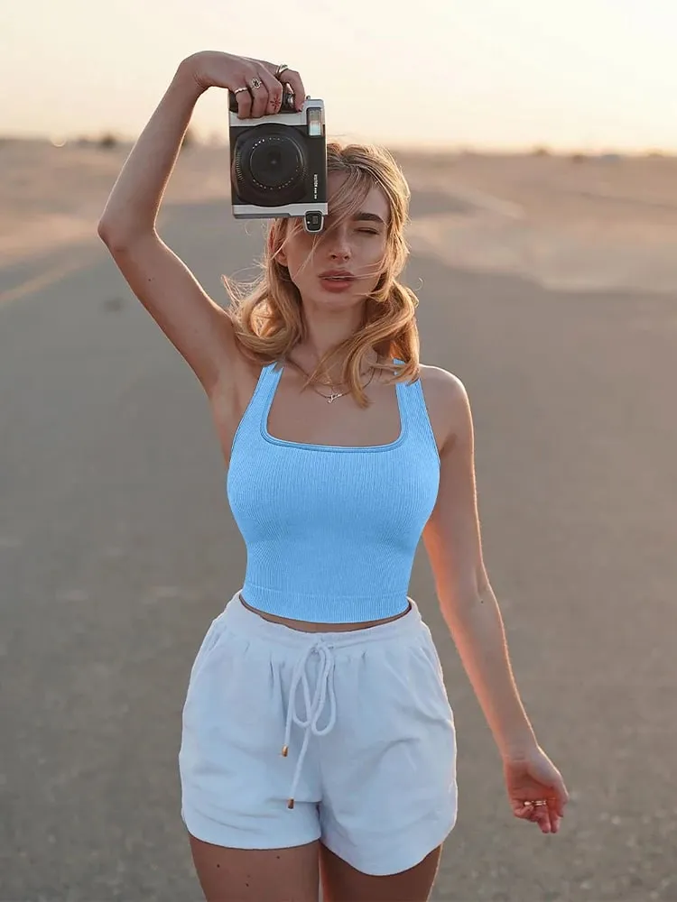 Women Solid Square Neck Ribbed Tank Top Camisole Women Summer Basic Elastic Sleeveless Crop Tops — image 4