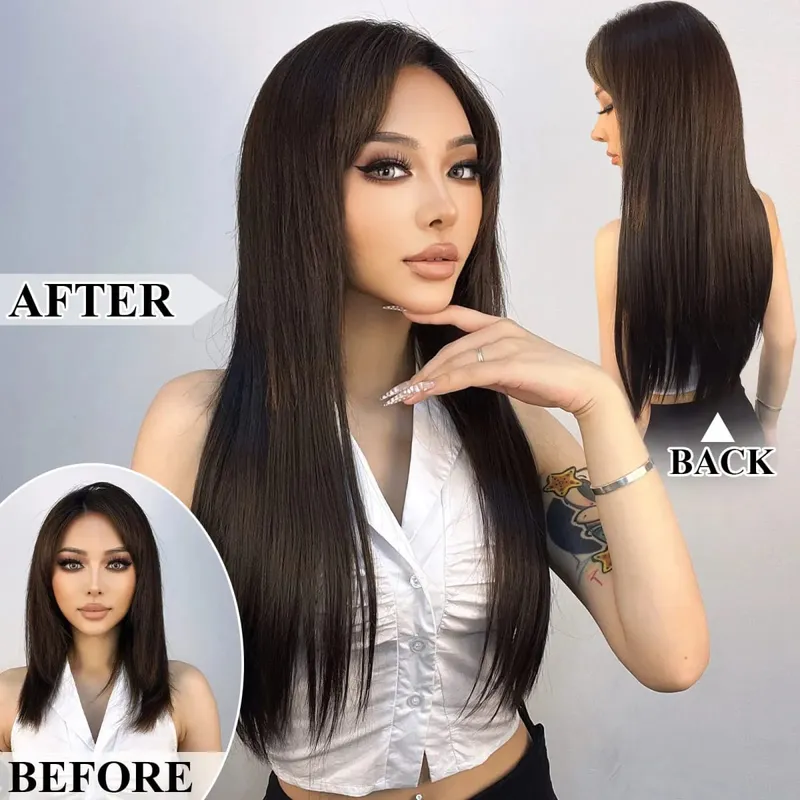 Long Straight Clip In Hairpiece Hair Extensions 4Pcs/Set Synthetic 22'' Black Dark Brown MixedColor Heat Resistant Fiber — image 4