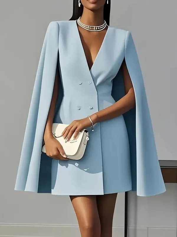 Women Fashion Commuter Solid Blazers Dress Office Double Breasted Waist Party Dress Elegant V-neck Shawl Cape Sleeve Midi Dress — image 5