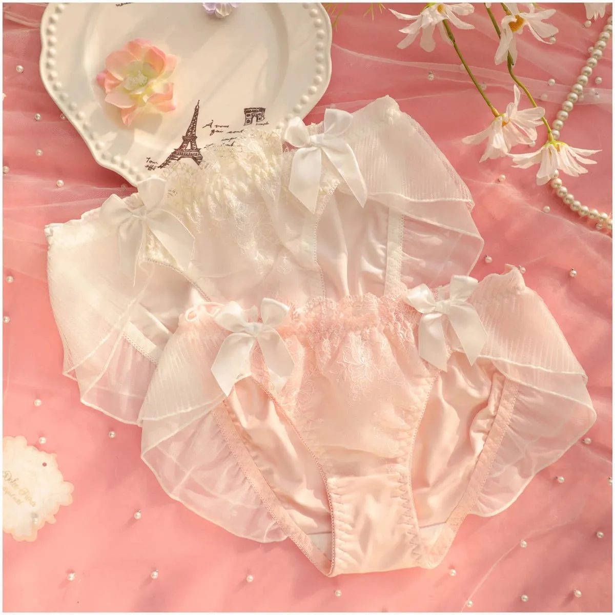 Stickerei dünne Abschnitt gekräuselte Unterwäsche Mädchen süße und schöne Dessous Breifs Sets drei Schnalle geraffte Damen BH-Set — image 6