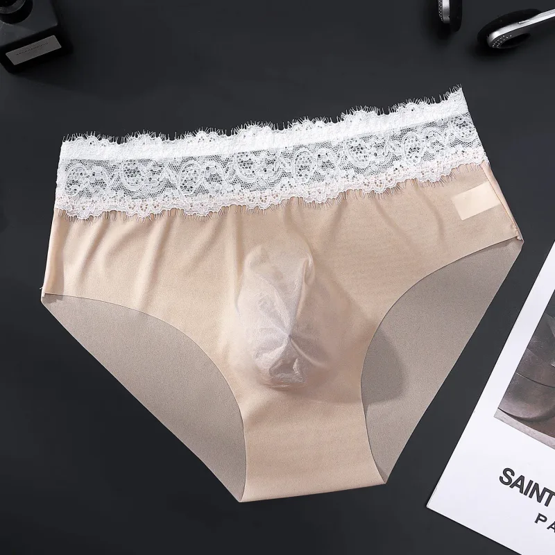Herren-Dreieckshose mit Spitzenkante, Eisseide, spurlos, atmungsaktiv, dünn, Herrenunterwäsche, niedrige Taille, weich, nahtlos, Komfort, Herren-Slip