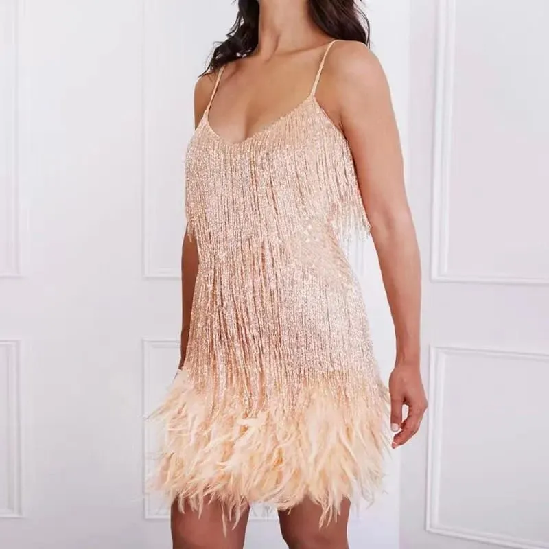 2025 New Sexy Tassel Sequins Feather Mini Dress Women Spaghetti Strap Stitching Dresses Female Elegant Evening Party Club Dress — image 8