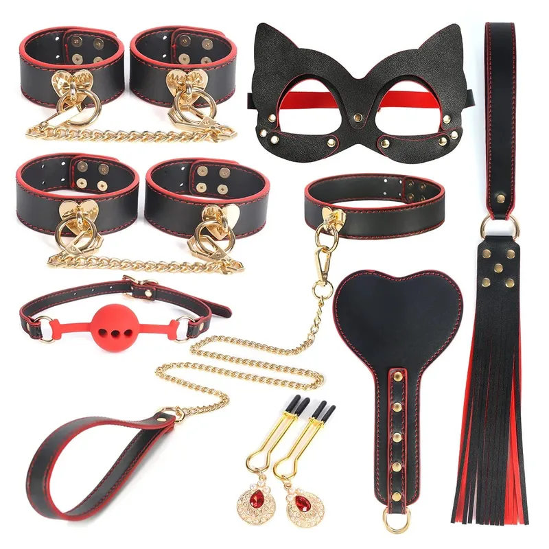 Slave Rollespilssæt Læderhåndjern Ankelmanchetter Ball Gag Mask Piskekrave Snor Sexlegetøj til kvinder Par BDSM Bondage Kit