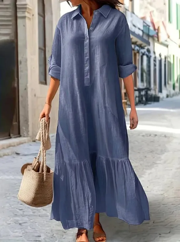 Cotton Linen Long Dress Women Long Sleeve Button Solid Color Casual Ruffles Loose Dresses Spring Autumn Comfortable Shirt Dress — image 12